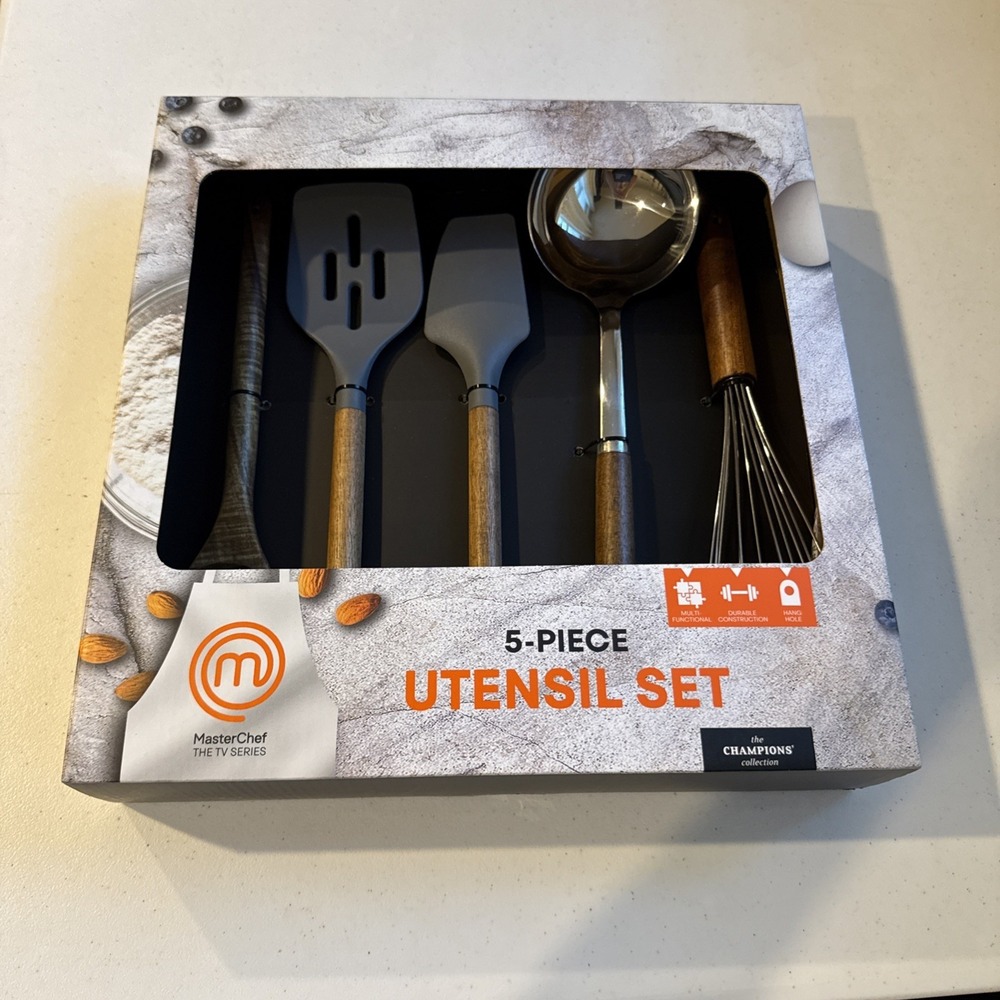 MasterChef 5 Piece Kitchen Utensil Set Nylon Cooking Tools, Wood Steel Handles
